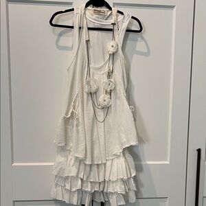 Linen White Layered Sleeveless Dress with Floral Accents